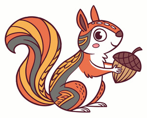 Squirrel holding acorn, autumn forest animal isolated on white background