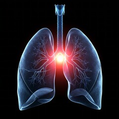  illustration of the lungs. The image should feature a bright, central glow emanating from the bronchi and radiating outward, symbolizing the process of respiration and the exchange of life-giving oxy