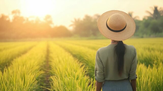 Woman in straw hat gazing over scenic lush green field during sunrise