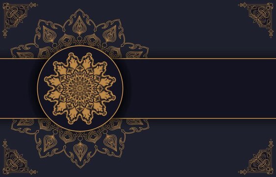 Luxury card, arabic, floral mandala, dark navy background with gold decoration, space for text.