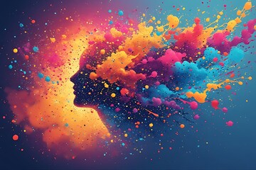 Vibrant explosion of colorful abstract particles emanating from a human profile silhouette symbolizing creativity and imagination