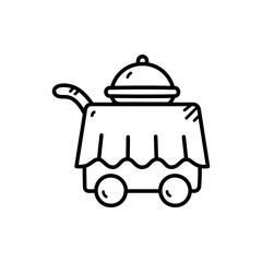 Outline Illustration of a Service Cart with Covered Dish and Wheels on Transparent Background Doodle Style