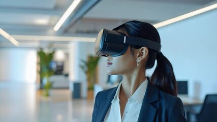 Businesswoman in VR headset exploring virtual reality in modern office. - Powered by Adobe