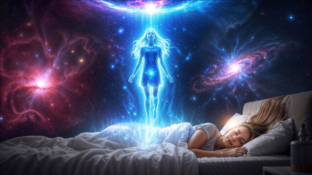 Young woman sleeping while glowing inner child spirit ascends toward cosmic starfield during astral projection dream experience