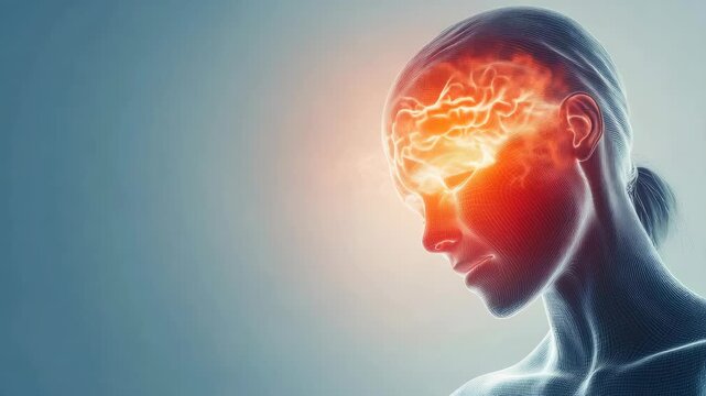 Woman with glowing brain and electric energy lines on dark background