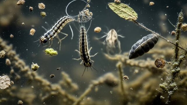 Closeup of aquatic insect larvae and emerging insects in freshwater stream with natural lighting