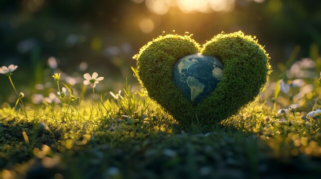 A moss-covered green heart with planet Earth inside placed on grass field with flowers in warm sunlight, symbolizing eco-friendly lifestyle, love for nature, sustainability, environment, conservation.
