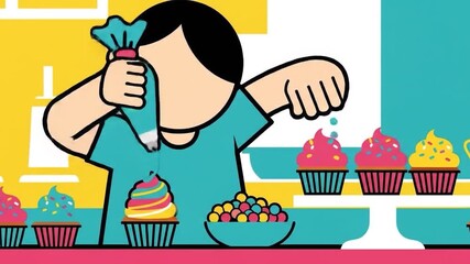 Child Decorating Cupcakes with Frosting and Sprinkles Fun Baking Activity.