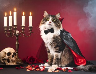 A funny and adorable cat dressed as a vampire sitting beside a skull and candles. Perfect for Halloween greeting cards, pet costumes, and festive decorations.