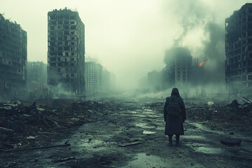 Fototapeta premium A lone figure stands amidst a desolate urban landscape, marked by crumbling buildings and smoke, evoking themes of destruction and despair.
