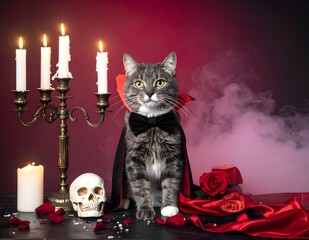 A funny and adorable cat dressed as a vampire sitting beside a skull and candles. Perfect for Halloween greeting cards, pet costumes, and festive decorations.