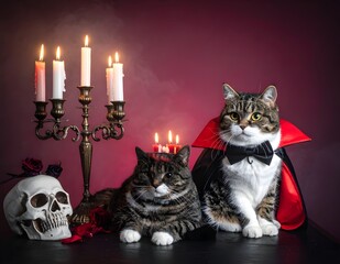 A funny and adorable cat dressed as a vampire sitting beside a skull and candles. Perfect for Halloween greeting cards, pet costumes, and festive decorations.