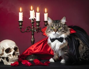 A funny and adorable cat dressed as a vampire sitting beside a skull and candles. Perfect for Halloween greeting cards, pet costumes, and festive decorations.