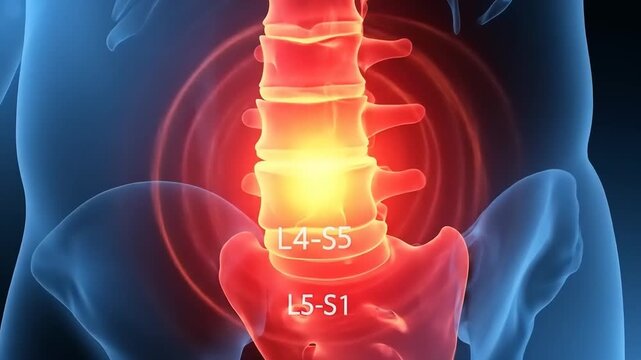 Detailed illustration of human spine highlighting lumbar region pain between L4-S5 and L5-S1