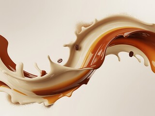 Abstract coffee and cream liquid splash with floating beans on light background drink beverage