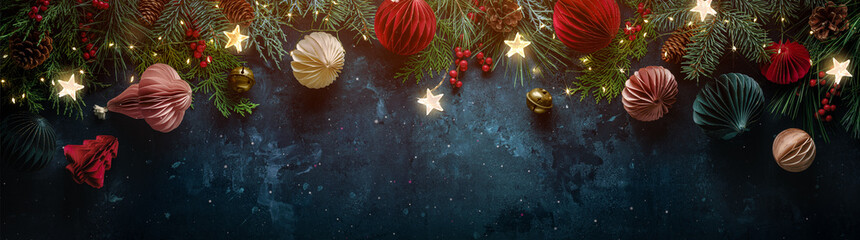 Merry Christmas banner.Honeycomb Christmas baubles, fir branches, and fairy lights on dark background.