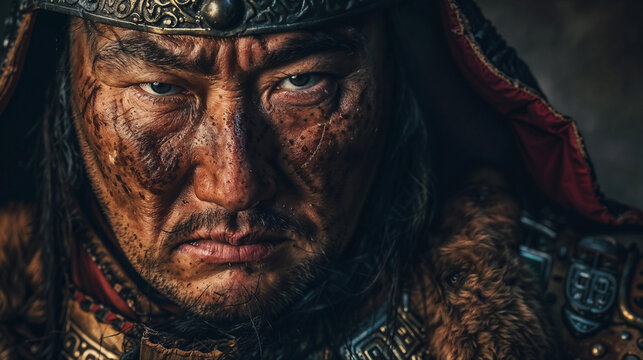 Weathered Mongol warrior leader with intense piercing eyes wearing traditional armor displays fierce determination and battle-hardened strength in dramatic lighting