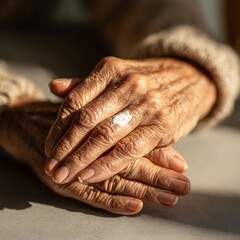 Elderly hands apply hand cream, skin has slight wrinkles, soft light