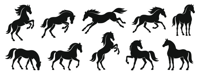 Set of Black Horse Silhouettes in Different Poses and Movements. Chinese New Year Silhouette Horses.