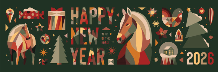 Colorful Geometric Horse NY Set in Modern Style. Chinese New Year Horses Template.