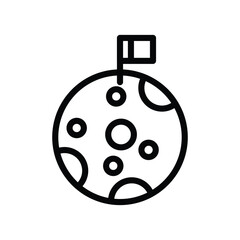 A black line icon depicts a sphere with craterlike markings A flag is planted on top