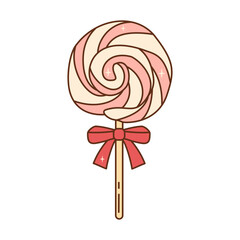 Pink and white spiral lollipop tied with a red ribbon. A classic sweet candy treat for kids and holidays.