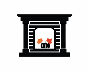 Rustic fireplace decorated with pumpkins and autumn leaves silhouette vector illustration 