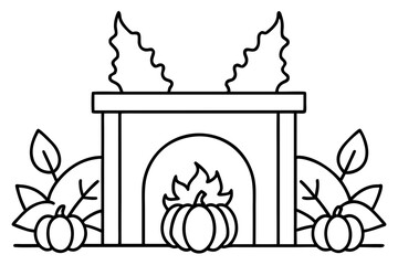 line art Rustic fireplace decorated with pumpkins and autumn leaves silhouette vector illustration 