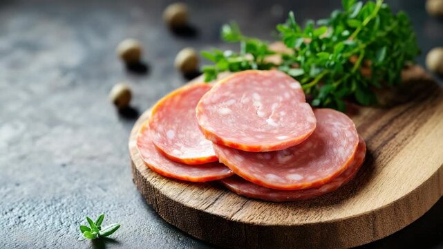 Slices of salami on wooden board with herbs and olives