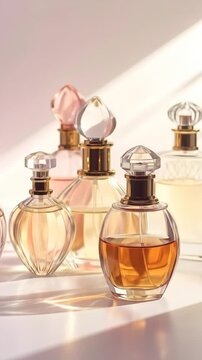 Elegant Perfume Bottles Displayed on a White Surface.