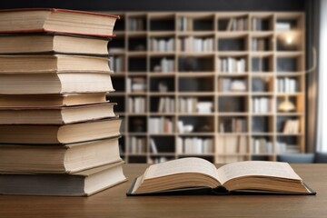 Reading book with open pages on library background