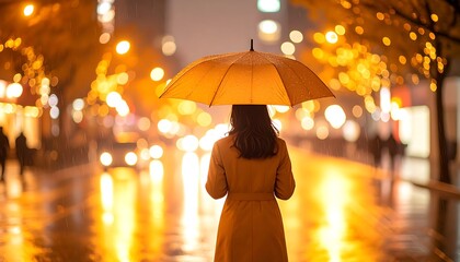 Back View of Woman with Yellow Umbrella Walking in Rainy City Night with Golden Bokeh Lights