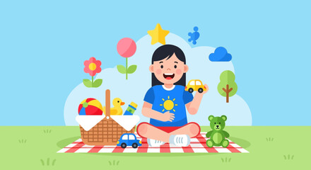 Obraz premium Illustration of a girl playing with toys on picnic in the park, cartoon concept