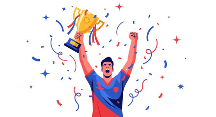 Illustration of a Man Celebrating Victory with a Trophy and Confetti on a White Background