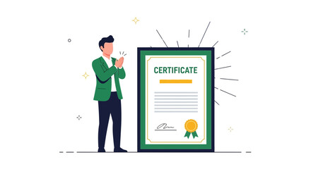 Illustration of a Man Clapping in Front of a Certificate Achievement, Celebrating Success