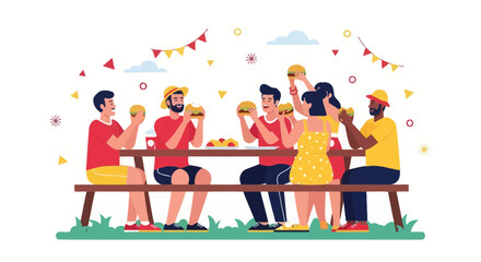 Illustration of a group of friends enjoying a picnic with burgers in a park