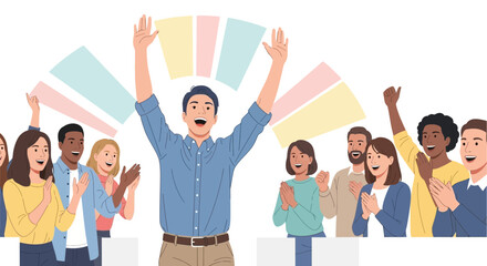 Obraz premium Illustration of a group of people celebrating success with a happy winner