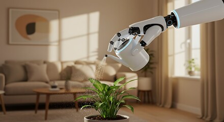Robot Arm Watering Plant in Living Room