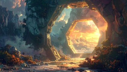 Futuristic Hexagonal Portal Overlooking Epic Mountain Landscape at Golden Hour