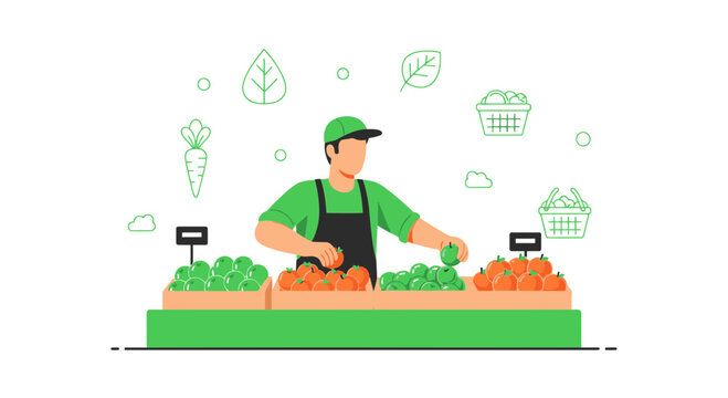 Illustration of a grocer working at a farmer's market selling fresh fruits and veggies - Powered by Adobe