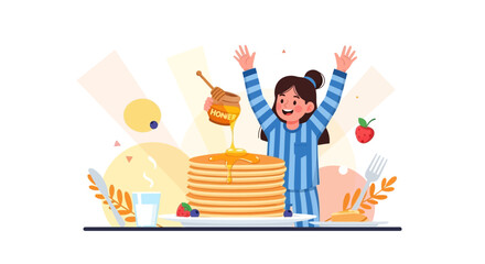 Fototapeta premium Illustration of a happy girl enjoying breakfast with pancakes and honey on a white background
