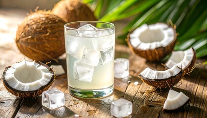 Refreshing Coconut Water with Ice Cubes in Glass Surrounded by Fresh Cracked Coconuts