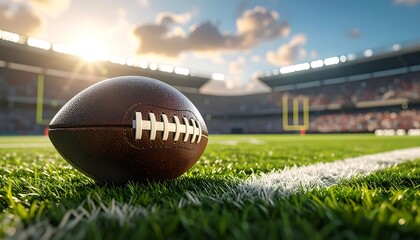 American Football on Green Grass Field in Large Stadium at Sunset with Goal Posts
