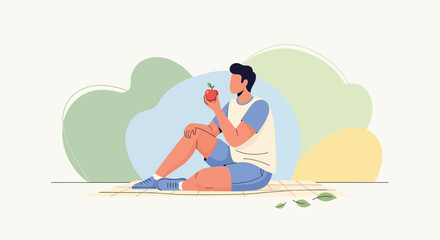 Illustration of a man holding and looking at an apple in a minimalist style artwork