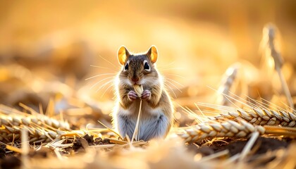 Adorable Field Mouse Eating Wheat Grain in Golden Sunlight Meadow During Harvest Season