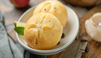 Delicious Traditional Baked Wheat Balls Litti Served in a Ceramic Bowl with Lime Garnish
