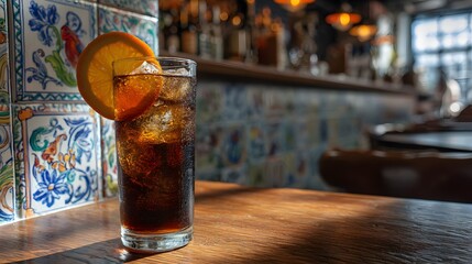 Refreshing Iced Tea with Orange Garnish on Sunlit Tiled Table