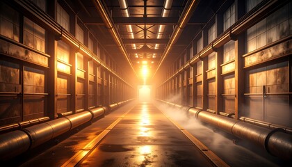 Eerie Industrial Corridor: Long Perspective View of Rusty Factory Hall with Warm Lighting and Steam Mist