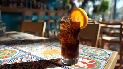 Refreshing Iced Tea with Orange Garnish on Sunlit Tiled Table