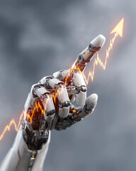 Futuristic robot hand touch upward arrow digital interface  advance technology data innovation automation progress.